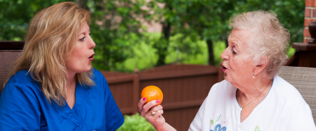 Carer giving speech therapy to elderly lady